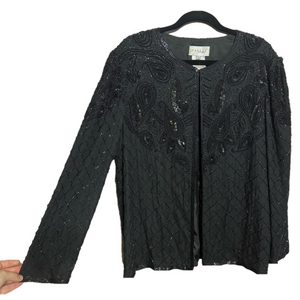 Vintage Adrianna Papell Boutique Black Beaded Silk Jacket Women's Size Large